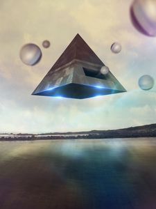 Превью обои пирамида, шары, 3d, фигуры, левитация