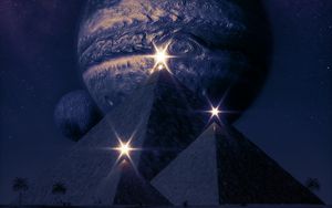 Превью обои пирамиды, планеты, сияние, вспышки, темный