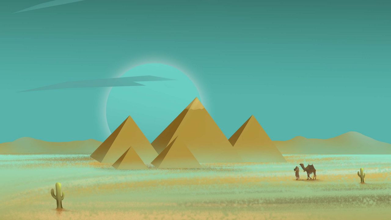 Обои пирамиды, пустыня, путник, арт