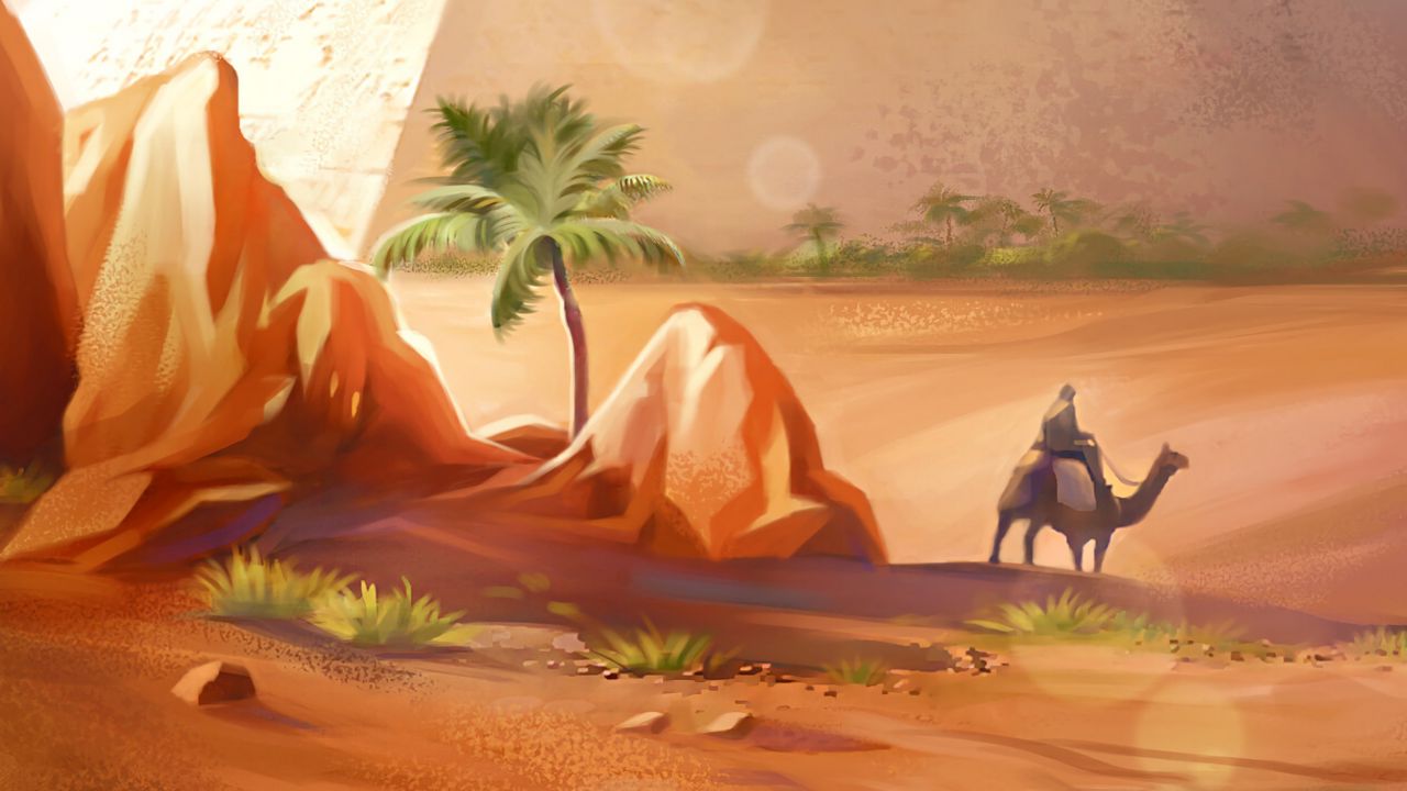 Обои пирамиды, пустыня, верблюд, арт
