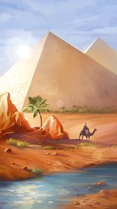 Превью обои пирамиды, пустыня, верблюд, арт