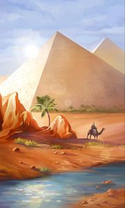 Превью обои пирамиды, пустыня, верблюд, арт
