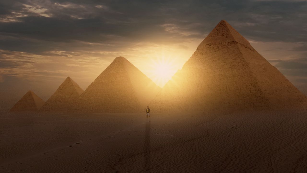 Обои пирамиды, солнце, пустыня, силуэт, закат