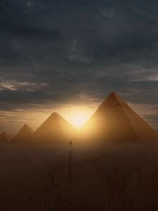 Превью обои пирамиды, солнце, пустыня, силуэт, закат