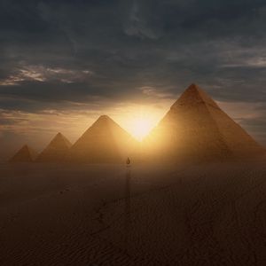 Превью обои пирамиды, солнце, пустыня, силуэт, закат