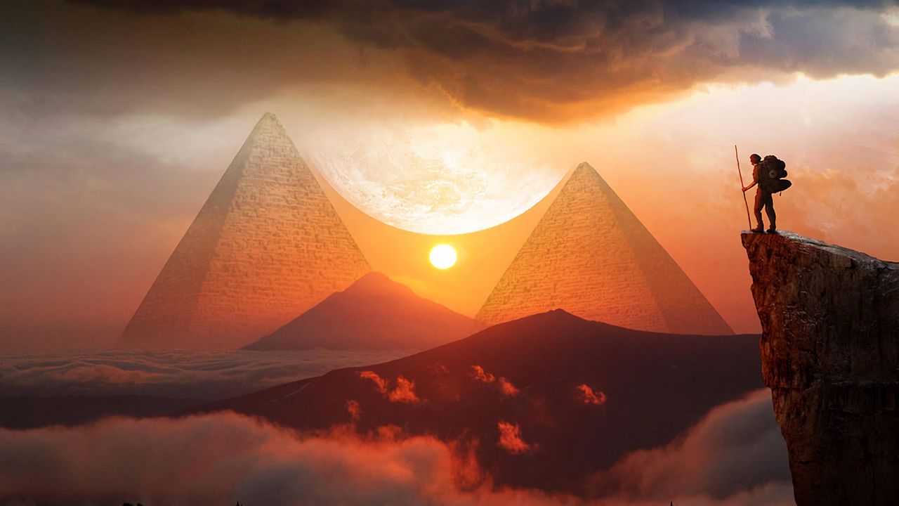 Обои пирамиды, закат, пейзаж, холмы, облака, путешествие