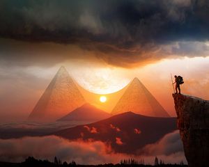 Превью обои пирамиды, закат, пейзаж, холмы, облака, путешествие