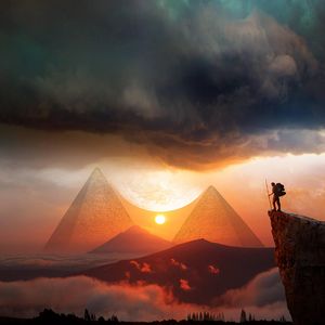 Превью обои пирамиды, закат, пейзаж, холмы, облака, путешествие