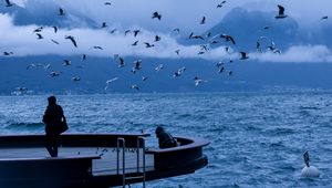Превью обои пирс, люди, птицы, море, природа