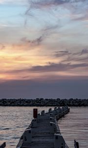 Превью обои пирс, море, камни, горизонт