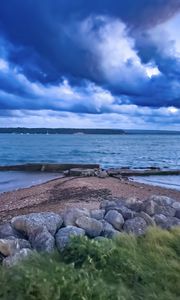 Превью обои пирс, море, облака, небо, камни