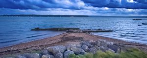 Превью обои пирс, море, облака, небо, камни