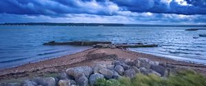 Превью обои пирс, море, облака, небо, камни