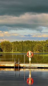 Превью обои пирс, пруд, пейзаж, лес