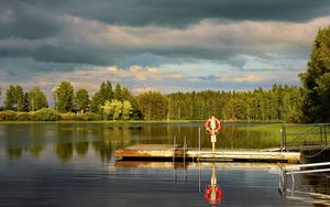 Превью обои пирс, пруд, пейзаж, лес