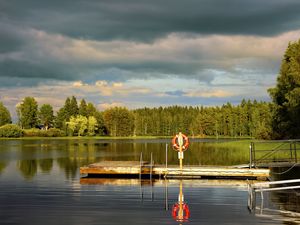 Превью обои пирс, пруд, пейзаж, лес