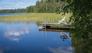 Превью обои пирс, пруд, вода, лес, природа