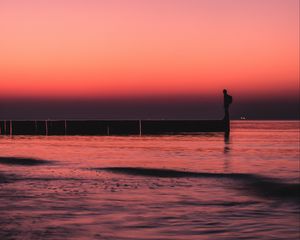 Превью обои пирс, закат, одиночество, море, горизонт