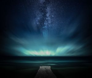 Превью обои пирс, звездное небо, звезды, ночь, море