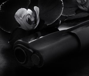 Превью обои пистолет, оружие, цветок, черно-белый