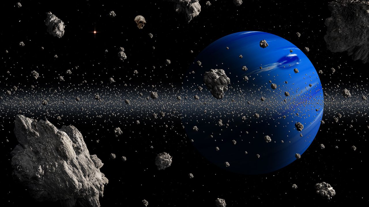 Обои планета, астероиды, космос, синий, астероидный пояс