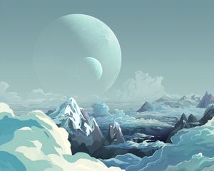 Превью обои планета, горы, арт, облака, вершины