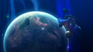 Превью обои планета, космический корабль, космос, астероиды, 3d