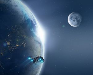 Превью обои планета, космический корабль, сияние, космос, вселенная