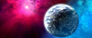 Превью обои планета, лучи, космос, звезды