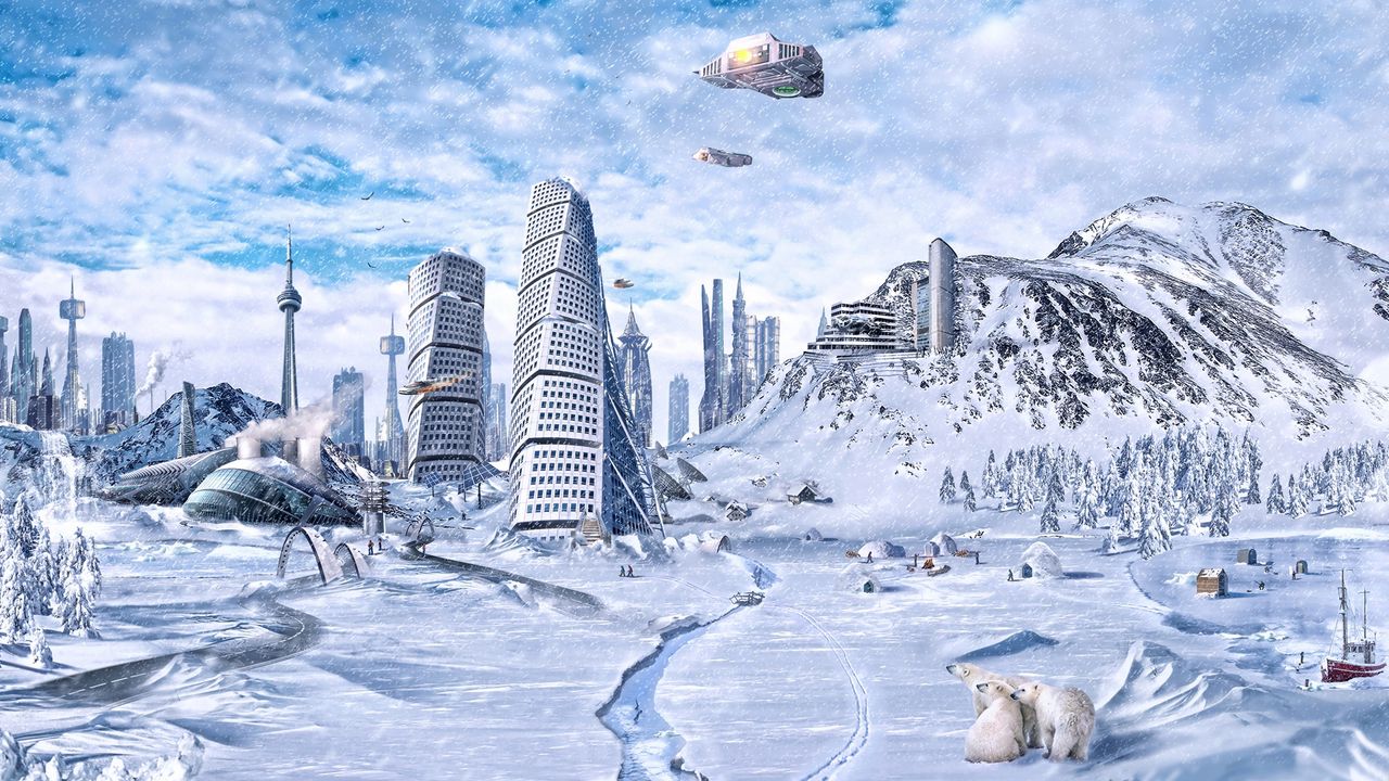 Обои планета, мир, зима, снег, город, фантастика, будущее