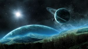 Превью обои планета, сатурн, спутник, кольца, космический, ночь