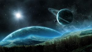 Превью обои планета, сатурн, спутник, кольца, космический, ночь