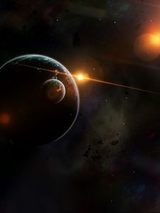 Превью обои планеты, космос, вспышка, сияние, блики