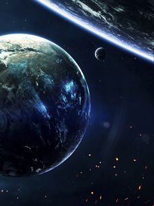 Превью обои планеты, сияние, космос, звезды, блики, искры