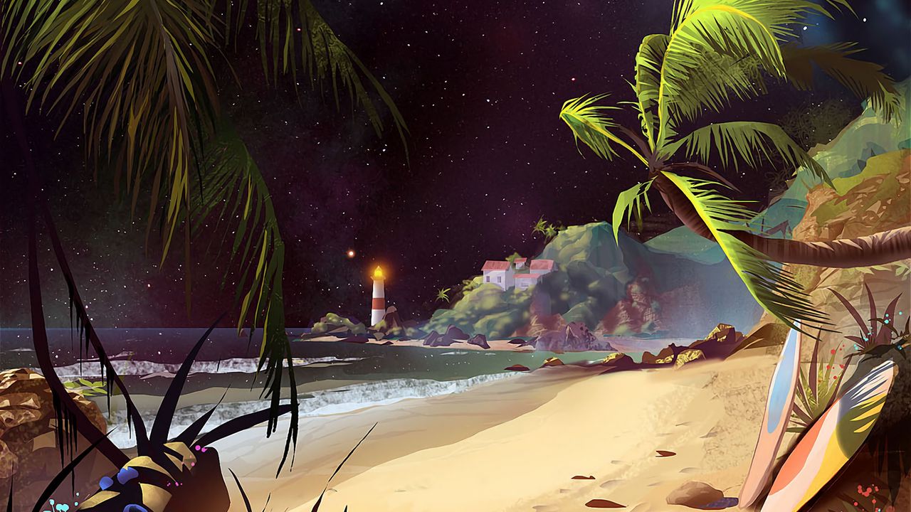 Обои пляж, арт, пальмы, маяк, звездное небо, песок