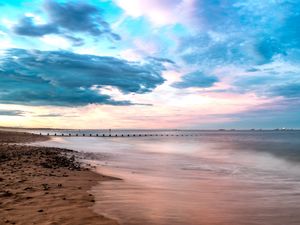 Превью обои пляж, берег, море, вода, горизонт, пейзаж