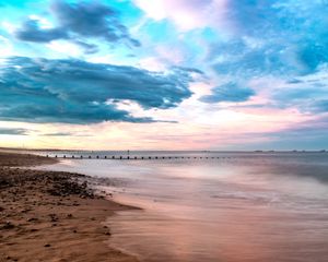 Превью обои пляж, берег, море, вода, горизонт, пейзаж