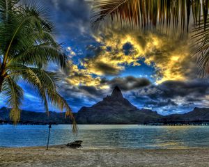 Превью обои пляж, море, гора, вершина, облака, пальмы, песок, ветви
