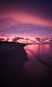 Превью обои пляж, море, облака, закат, фиолетовый