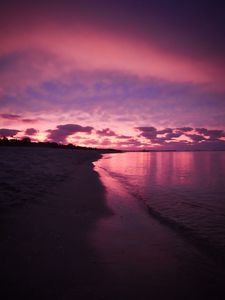 Превью обои пляж, море, облака, закат, фиолетовый