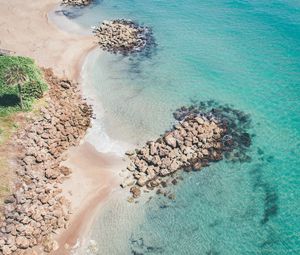 Превью обои пляж, море, вид сверху, вода, песок, камни