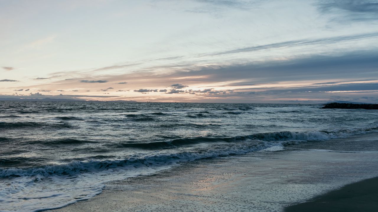 Обои пляж, море, волны, горизонт, сумерки