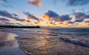 Превью обои пляж, море, волны, облака, закат