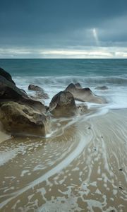 Превью обои пляж, море, волны, камни, природа, пейзаж