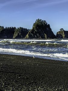 Превью обои пляж, море, волны, скалы