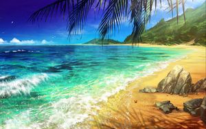 Превью обои пляж, пальма, океан, арт, прибой