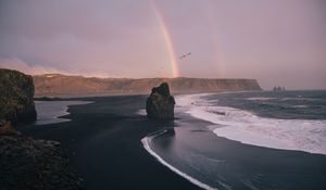 Превью обои пляж, скалы, радуга, волны, море