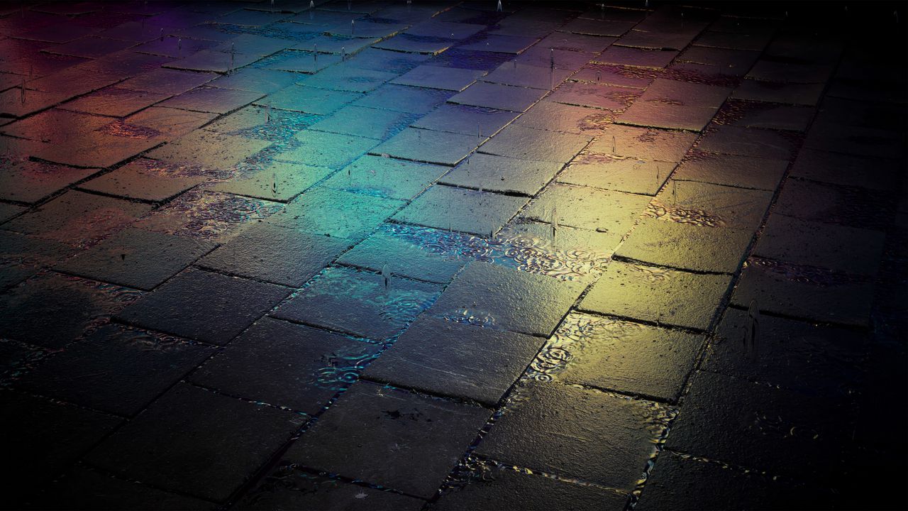 Обои плитка, улица, мокрый, градиент, разноцветный