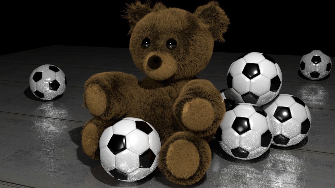 Обои плюшевый медведь, футбольные мячи, игрушки