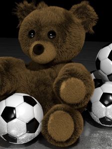 Превью обои плюшевый медведь, футбольные мячи, игрушки